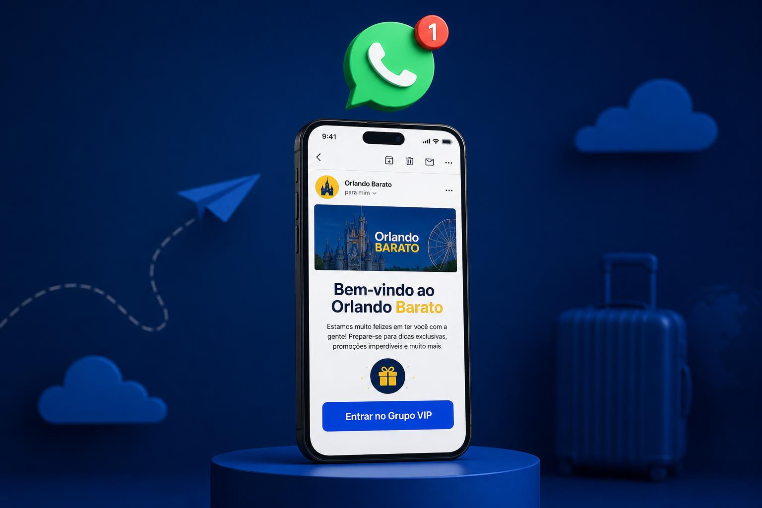 Celular mostrando e-mail de boas-vindas do Orlando Barato e entrada no grupo VIP