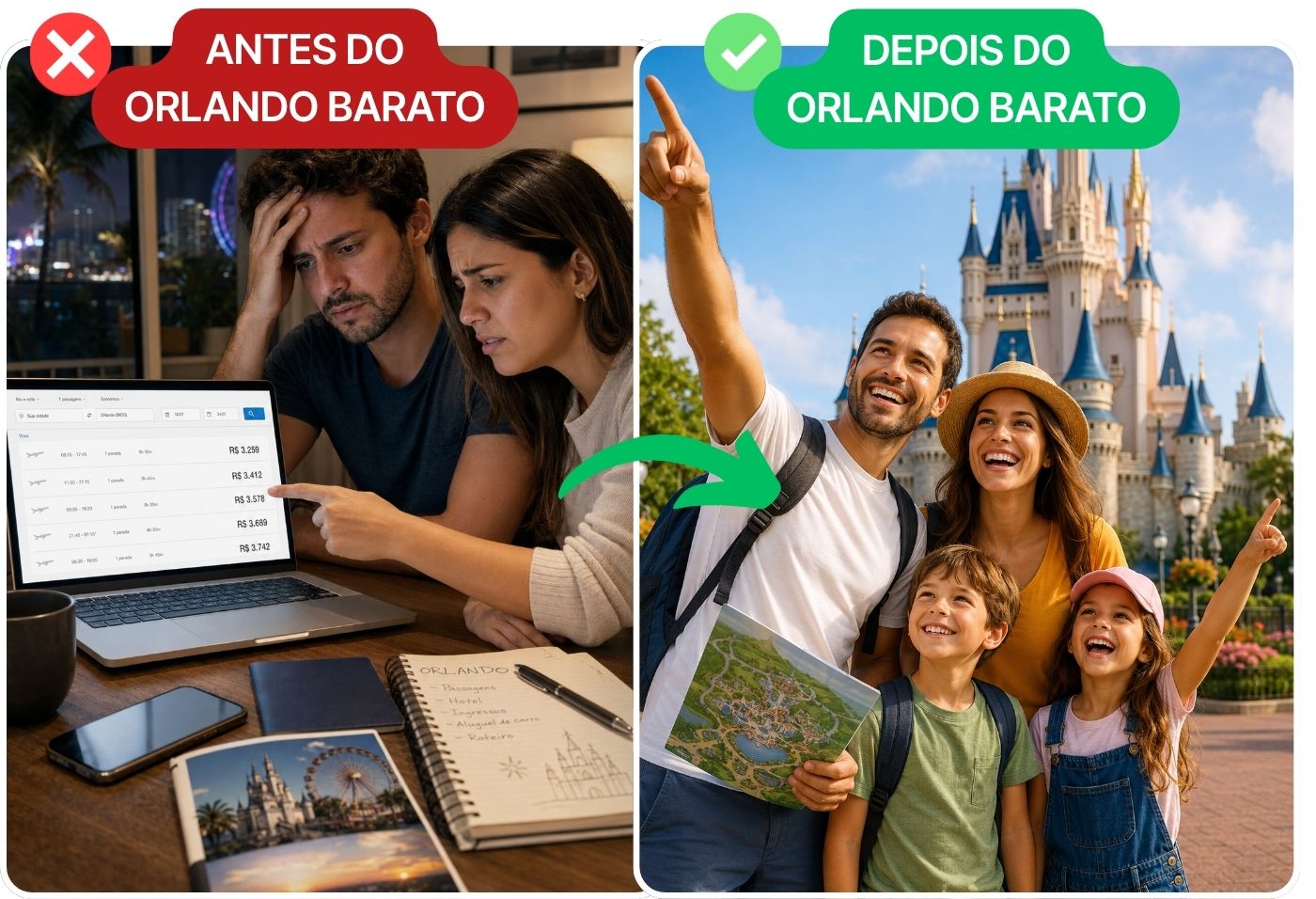 Antes e depois do Orlando Barato — família feliz em Orlando