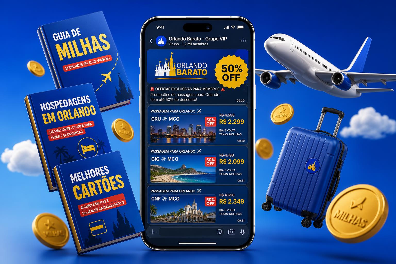 Mockup do Orlando Barato — Grupo VIP no WhatsApp e bônus (guia de milhas, hospedagens e cartões)