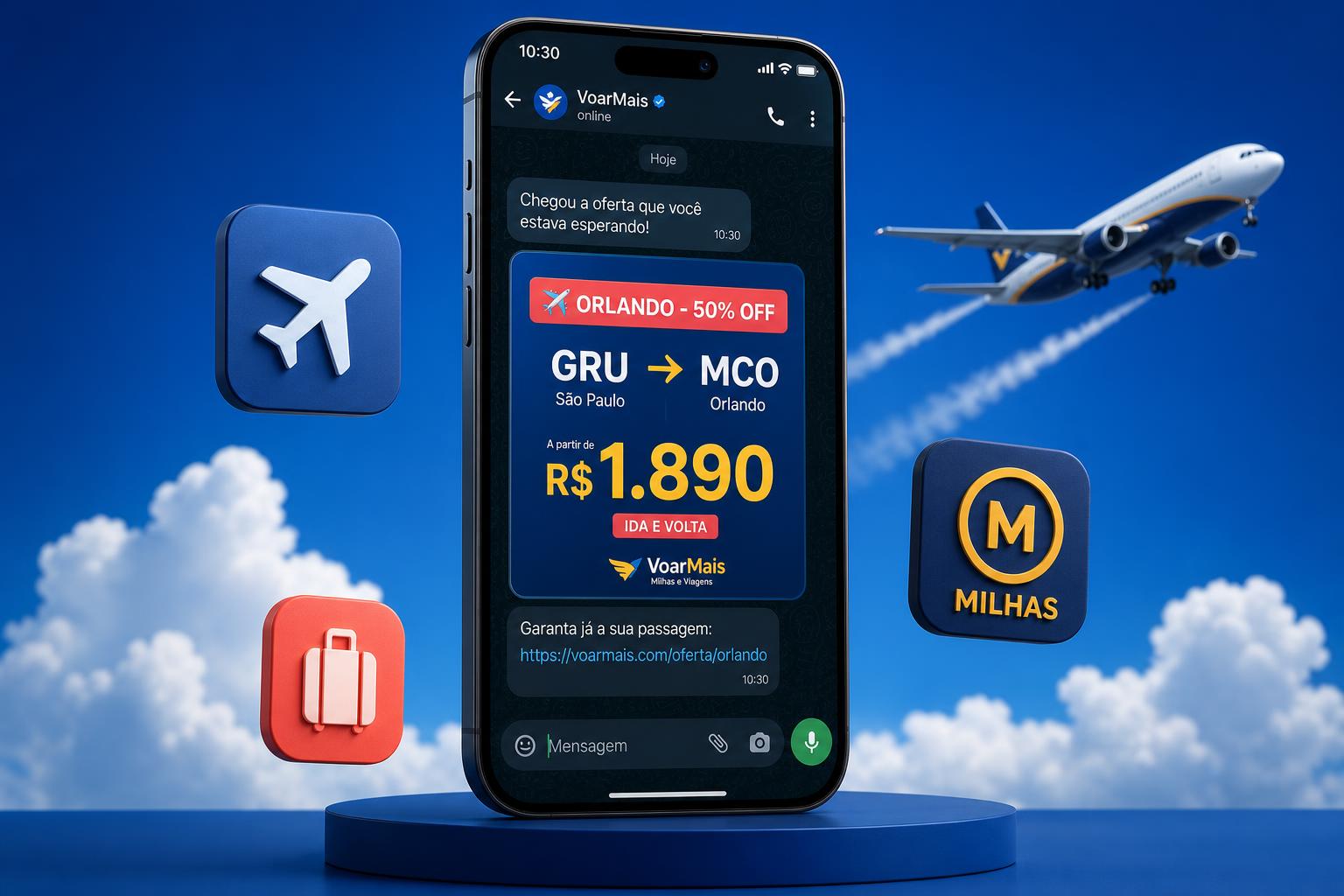 Notificação no WhatsApp com oferta de passagem para Orlando com 50% OFF