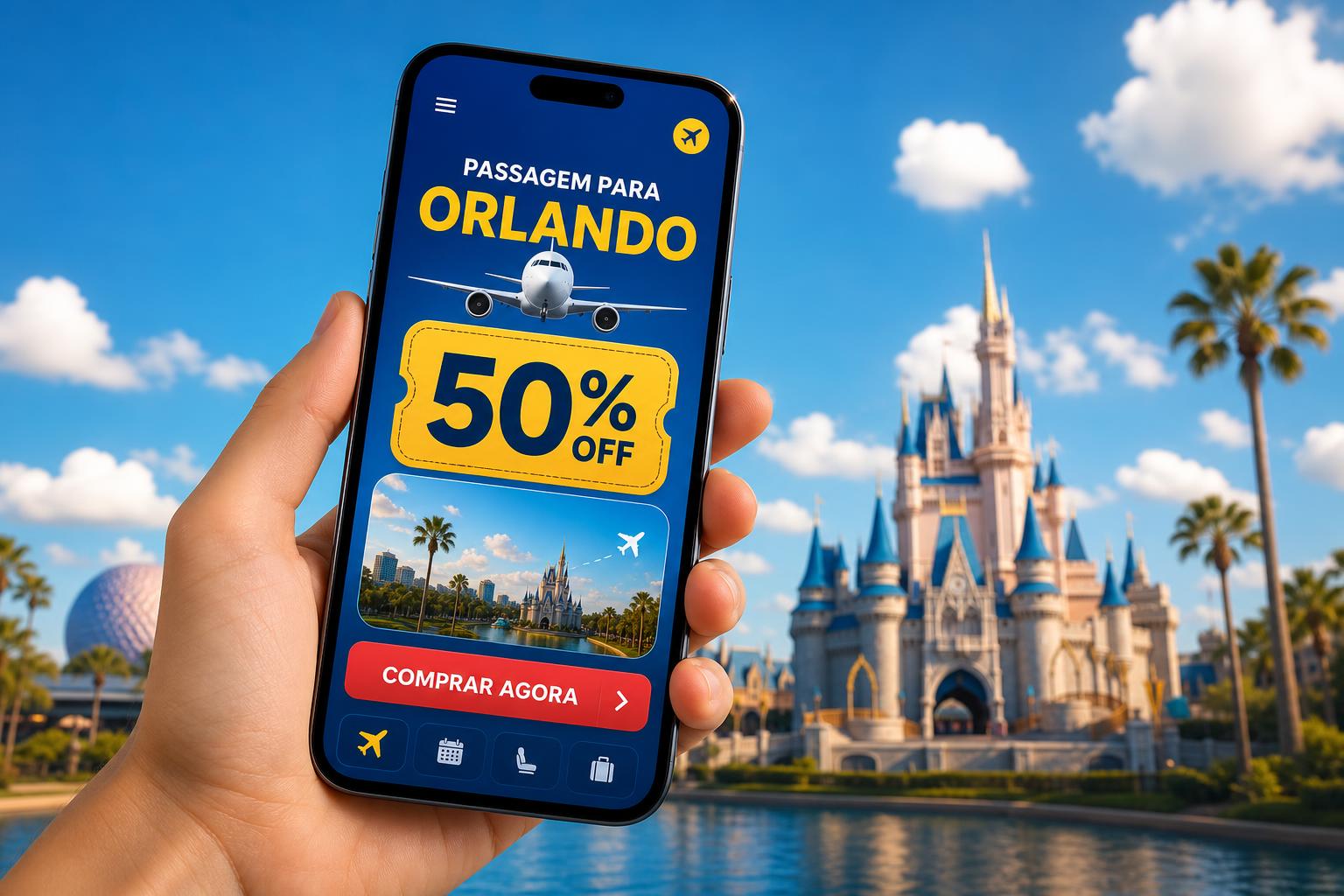 Pessoa segurando celular com oferta de passagem para Orlando com 50% OFF